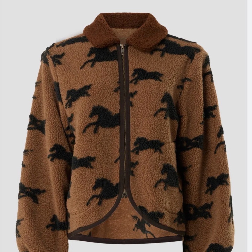 THE GREAT. Brown Teddy Jacket with Black Horse Print